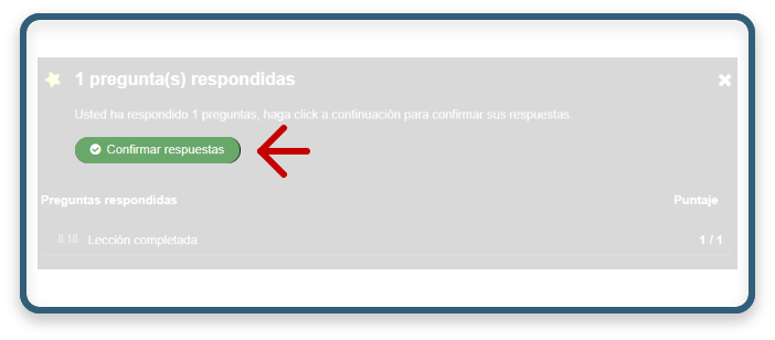 Imagen indicando que se debe hacer clic en el botón verde con texto 'Confirmar respuestas'